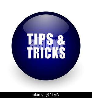 Tipps Tricks blau glänzende Kugel-Web-Symbol auf weißem Hintergrund. Runde 3D-Render Taste. Stockfoto