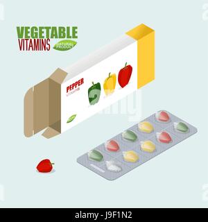 Pfeffer-Vitamine. Vegetarisch-Pillen. Tabletten in der Packung. Natürliche Produkte für Gesundheit in Form von Paprika.  Medikament pflanzlich. Medikamente. Stock Vektor