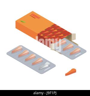 Karotten-Vitamine. Vegetarisch-Pillen. Tabletten in der Packung. Natürliche Produkte für Gesundheit in Form von frischen Karotten. Medikament pflanzlich. Medikamente. Stock Vektor