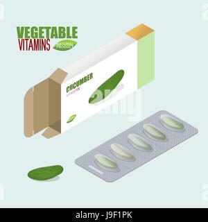 Gurken-Pillen in der Packung. Vegetarische Vitamine. Tabletten-Box. Natürliche Produkte für die Gesundheit von Gurken. Medikament pflanzlich. Medikamente. Stock Vektor