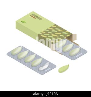 Zucchini-Vitamine. Vegetarisch-Pillen. Tabletten in der Packung. Natürliche Produkte für Gesundheit in Form von frischen Squash. Medikament pflanzlich. Medikamente. Stock Vektor