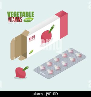 Rote Beete Vitamine. Vegetarisch-Pillen. Tabletten in der Packung. Natürliche Produkte für Gesundheit informieren frischen Rüben. Medikament pflanzlich. Medikamente. Stock Vektor