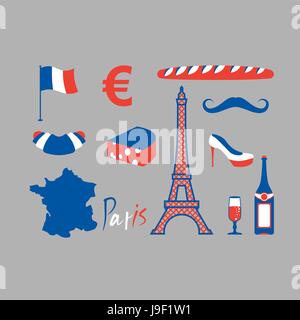 Paris-Symbole festgelegt. Traditionelle französische nationale Symbole. Eiffelturm und ein Croissant. Französische Flagge und Karte. Wein und Käse. Mode und Baguette. Dorblu w Stock Vektor