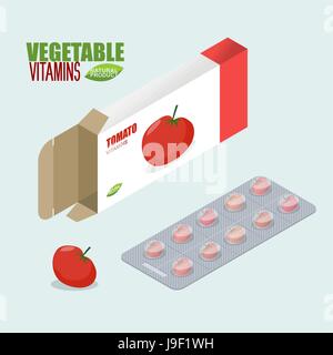 Tomaten-Vitamine. Vegetarisch-Pillen. Diät Tabletten im Pack. Natürliche Produkte für Gesundheit in Form von Tomaten. Medikament pflanzlich. Medikamente Stock Vektor
