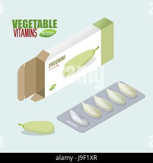 Zucchini-Pillen in der Packung. Vegetarische Vitamine. Tabletten-Box. Natürliche Produkte für Gesundheit in Form von frischen Squash. Medikament pflanzlich. Medikamente. Stock Vektor