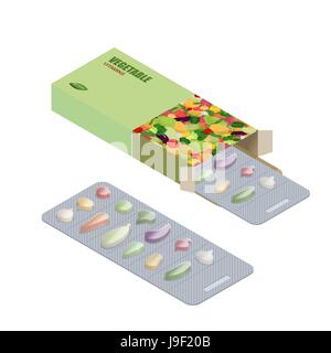 Pflanzliche Vitamine. Vegetarisch-Pillen. Diät Tabletten im Pack. Natürliche Produkte für Gesundheit in Form von Kartoffeln und Karotten. Kohl und Pfeffer. Knoblauch eine Stock Vektor