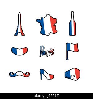 Paris-Symbole festgelegt. Traditionelle französische nationale Symbole. Eiffelturm und ein Croissant. Französische Flagge und Karte. Wein und Käse. Mode und Baguette. Dorblu w Stock Vektor