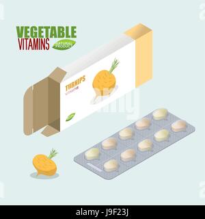 Rübe-Pillen in der Packung. Vegetarische Vitamine. Tabletten werden frische. Natürliche Produkte für Gesundheit in Form der Lampe. Medikament pflanzlich. Medikamente. Stock Vektor