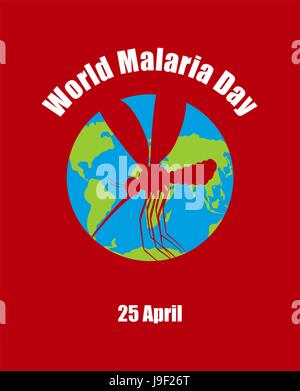 Welt-Malaria-Tag. Plakat zur internationalen Feiertag des 25 April. Planetenerde und Silhouette der Malaria-Mücke Stock Vektor