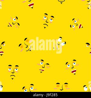 Cartoon Gesichter Musterdesign. Satz von Emotionen auf gelbem Hintergrund. Fröhliche Persönlichkeit und traurige Person ornament Stock Vektor