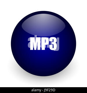 MP3-blau glänzende Kugel-Web-Symbol auf weißem Hintergrund. Runde 3D-Render Taste. Stockfoto