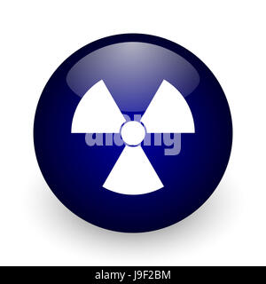 Strahlung-blaue glänzende Kugel-Web-Symbol auf weißem Hintergrund. Runde 3D-Render Taste. Stockfoto