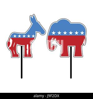 Elefant und Esel. Symbole der Demokraten und Republikaner. Politische Parteien in den Vereinigten Staaten. Illustration für Wahl, Debatte in Amerika. Demokrat Stock Vektor