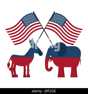 Elefant und Esel. Symbole der Demokraten und Republikaner. Politische Parteien in Amerika. USA-Flagge Stock Vektor