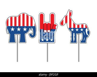 Elefant und Esel. Symbole der Demokraten und Republikaner. Politische Parteien in den USA. Foam Finger für Wahlen. Zeichensatz für Wahlen, Debatte in Stock Vektor