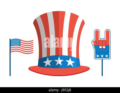 Legen Sie für die Wahlen in Amerika. Uncle Sam Hut. USA-Flagge. Legen Sie für die politische Diskussion in Vereinigten Staaten.  Schaum-Finger. Nationale patriotische Rock Schaum finger ge Stock Vektor