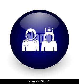 Krankenhaus-blaue glänzende Kugel-Web-Symbol auf weißem Hintergrund. Runde 3D-Render Taste. Stockfoto