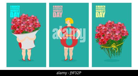 8. März Postkarten-set. Tag der internationalen Frauen. Frau und Korb mit Blumen. Urlaub Geschenk Strauß roter Rosen. Silhouette-Mädchen in Abbildung 8. Stock Vektor