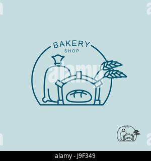 Bäckerei-Shop-Logo. Plünderung Mehl und der Ofen. Frisches Brot im Ofen. Ähren. Logo für private Bäckerei Stock Vektor