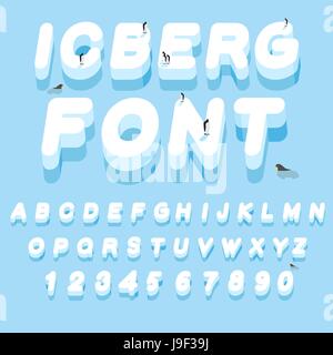 Eisberg-Schriftart. 3D-Buchstaben aus Eis. Eis-Alphabet-Buchstaben. ABC des Schnees. Großes kaltes Eis. Pinguine-Tiere der Arktis. Tiere der Antarktis. Walrosse und se Stock Vektor