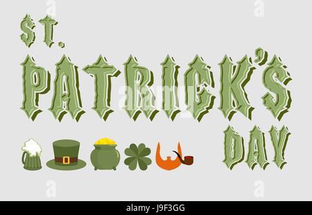 St. Patricks Day. Schriftzug. Alte keltische Schriftart. Symbole für einen Urlaub in Irland: der Kobold Hut. Topf voll Gold ist Reichtum. Klee Kleeblatt, oxalis Stock Vektor