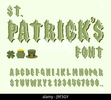 St. Patrick-Schriftart. Satz von Buchstaben und Zahlen für Urlaub in Irland. Gotische Schrift. Keltische alphabet Stock Vektor