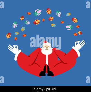 Santa Claus Yogi Meditation und Geschenke. Weihnachten-Yoga. Neujahr-Zen. Großvater im Lotussitz. Xmas-Aufklärung und Entspannung. Stock Vektor