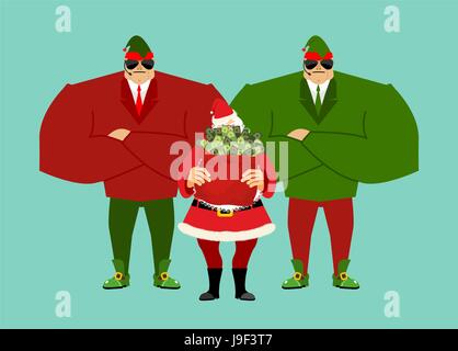 Der Weihnachtsmann und Beutel mit Geld. Elf Claus Leibwächter. Weihnachten Geschenk Bargeld. Roten Säckchen mit Dollar Stock Vektor