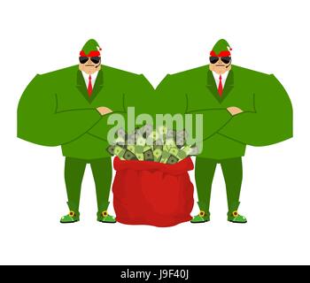 Santa Elf und rote Tasche vollen Geld. Claus Leibwächter. Weihnachten-wachen. Schutz der roten Säckchen mit Bargeld. Verteidiger des US-Dollar. Santas helper Stock Vektor