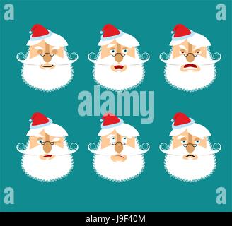 Santa Emoji festgelegt. Weihnachtsmann-Sammlung zu stellen. Gut und Böse. Fröhlich und traurig. Schläfrig und dumme. Leiter der Großvater mit Bart und Schnurrbart isoliert Stock Vektor