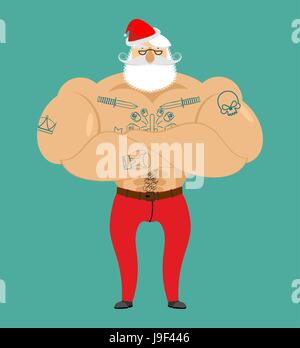 Santa Claus Hipster mit Tattoos. Strong Weihnachtsmann mit Bart und Schnurrbart. Weihnachten und Neujahr illustration Stock Vektor