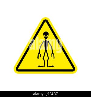 UFO-Warnung Schild Gelb. Alien Gefahrensymbol Aufmerksamkeit. Gefahr Straße Zeichen Dreieck invader Stock Vektor
