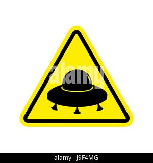 UFO-Warnung Schild Gelb. Aliens Gefahrensymbol Aufmerksamkeit. Gefahr Straße Zeichen Dreieck fliegende Untertasse Stock Vektor