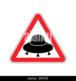 UFO-Warnung Schild Gelb. Aliens Gefahrensymbol Aufmerksamkeit. Gefahr Straße Zeichen Dreieck fliegende Untertasse Stock Vektor