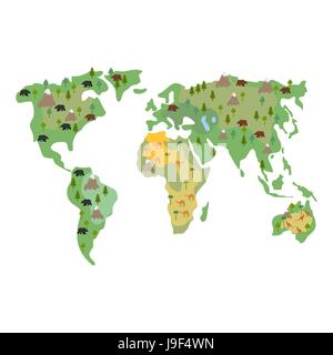 Karte der Erde Tiere isoliert. Kontinente und Tier. Geographie, Flora und Fauna der Welt Stock Vektor