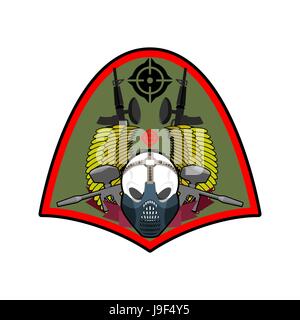 Militärische Emblem. Paintball-Logo. Armee-Zeichen. Schädel mit Schutzmaske und Waffen. Genial-Abzeichen für Sport-Teams und Vereine Stock Vektor