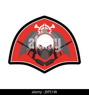 Militärische Emblem. Paintball-Logo. Armee-Zeichen. Schädel mit Schutzmaske und Waffen. Genial-Abzeichen für Sport-Teams und Vereine Stock Vektor