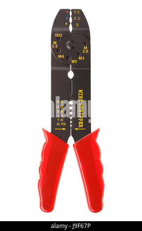 Elektriker-Werkzeug zum Entfernen der Isolierung von elektrischen Leitungen - Abisolierzange. Isoliert auf weißem Hintergrund Stockfoto