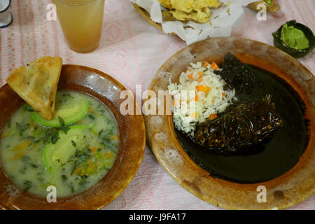 Teller mit Huhn mit schwarzer Mole und Reis Stockfoto