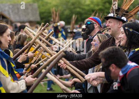 Die Haken Eagle Morris Männer unterhalten die Massen mit Tanz auf der entsprungen Festival in Butser Ancient Farm, Hampshire Stockfoto