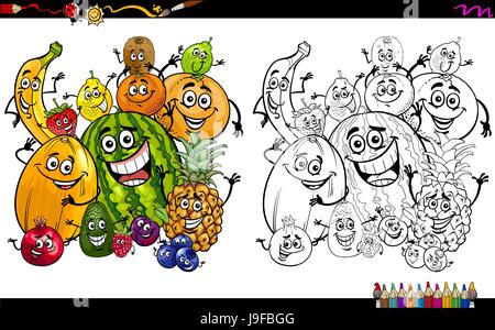 Cartoon-Illustration von Funny Fruit Zeichen Group Färbung Seite Aktivität Stock Vektor