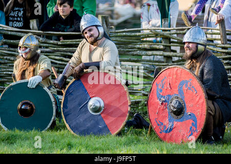 Herigeas Hundus oder Hunde des Krieges, eine sächsische Reenactment-Gruppe, zu demonstrieren, Schwert und Schild kämpfen auf dem entsprungen Festival auf Butser Ancient Farm Stockfoto