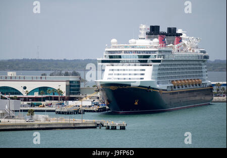 Kreuzfahrtschiff neben der Disney Cruise Line terminal in Port Canaveral Florida USA. April 2017 Stockfoto