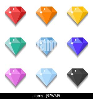 Diamanten-Symbole in verschiedenen Farben auf dem weißen Hintergrund gesetzt. Vektor-illustration Stock Vektor