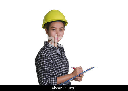 Asiatische Frauen Ingenieure und Techniker prüfen die Liste auf dem Brett isoliert auf weißem Hintergrund Stockfoto