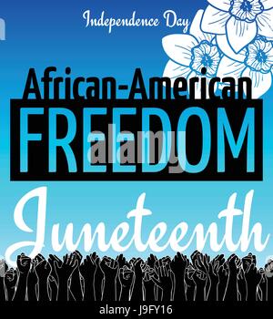 Juneteenth, afrikanisch-amerikanischen Unabhängigkeitstag, 19.Juni. Tag der Freiheit und Emanzipation. Blaue Karte mit Blume und nahtlose Grenze Schwurhand c Stock Vektor