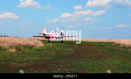 Flugzeug mit einem Propeller auf ein gelbes Feld unter blauem Himmel Stockfoto