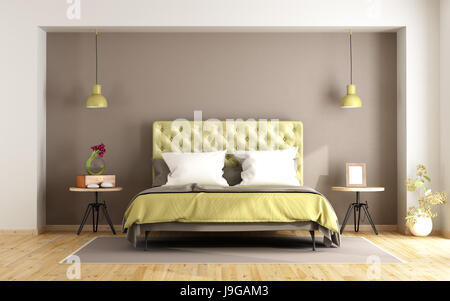 Braun und grün Schlafzimmer mit Doppelbett und Nachttisch - 3d rendering Stockfoto
