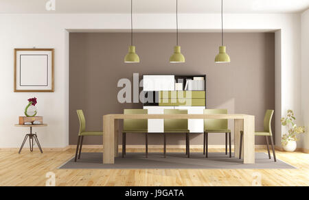 Moderne Esszimmer mit hölzernen Tisch, Stühle und Sideboard - 3d rendering Stockfoto