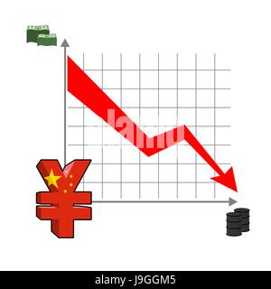 Fallende und steigende Yen. Rückgang der Ölpreise. Roten Pfeil nach unten. Grüner Pfeil. Verringerung der Zitate chinesische Währung, Geld. Steigerung der Absatzmengen in Bargeld ma Stock Vektor